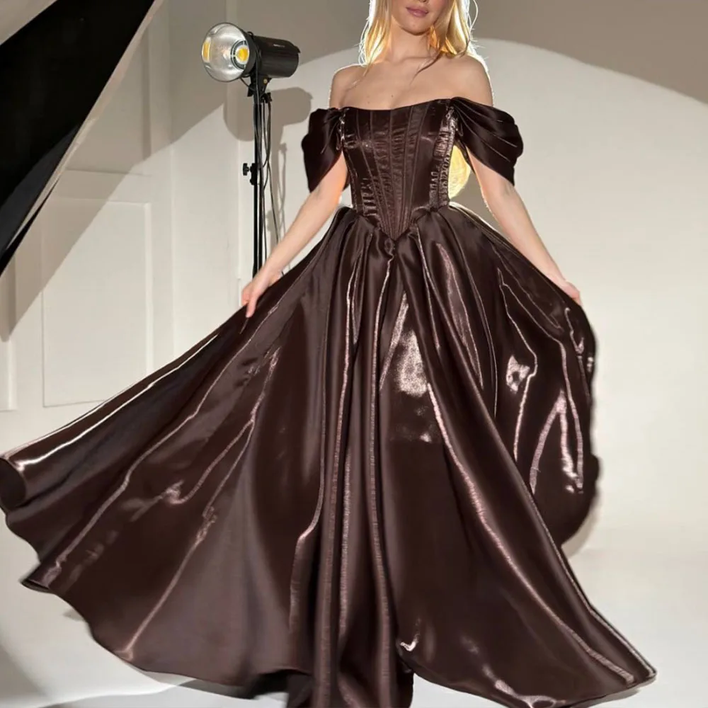 

Классические вечерние платья для торжественных мероприятий, элегантные, цвета шоколада, с вырезом «сердечко», А-силуэт, с открытыми плечами, со шлейфом, для выпускного вечера, на заказ