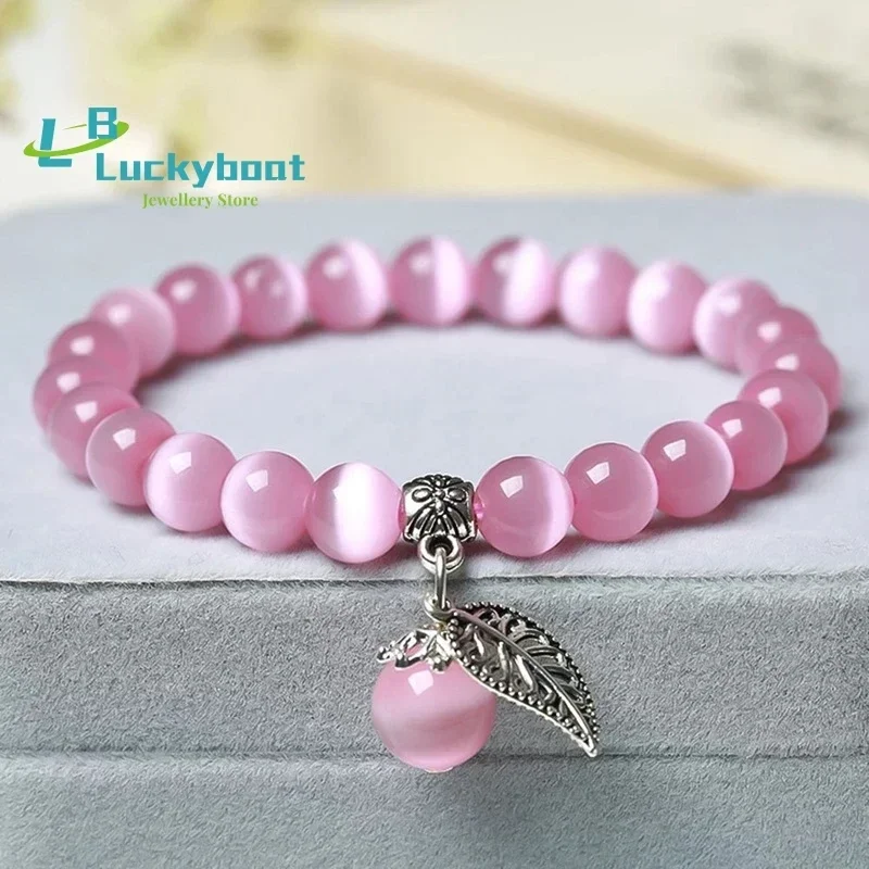 Women Opal Bracelet Natural Stone Smooth Cats Eye Beads Bracelet Cute Leaf Pendant Braclet Jewelry Gift Cat Eye Bracelets Bangle