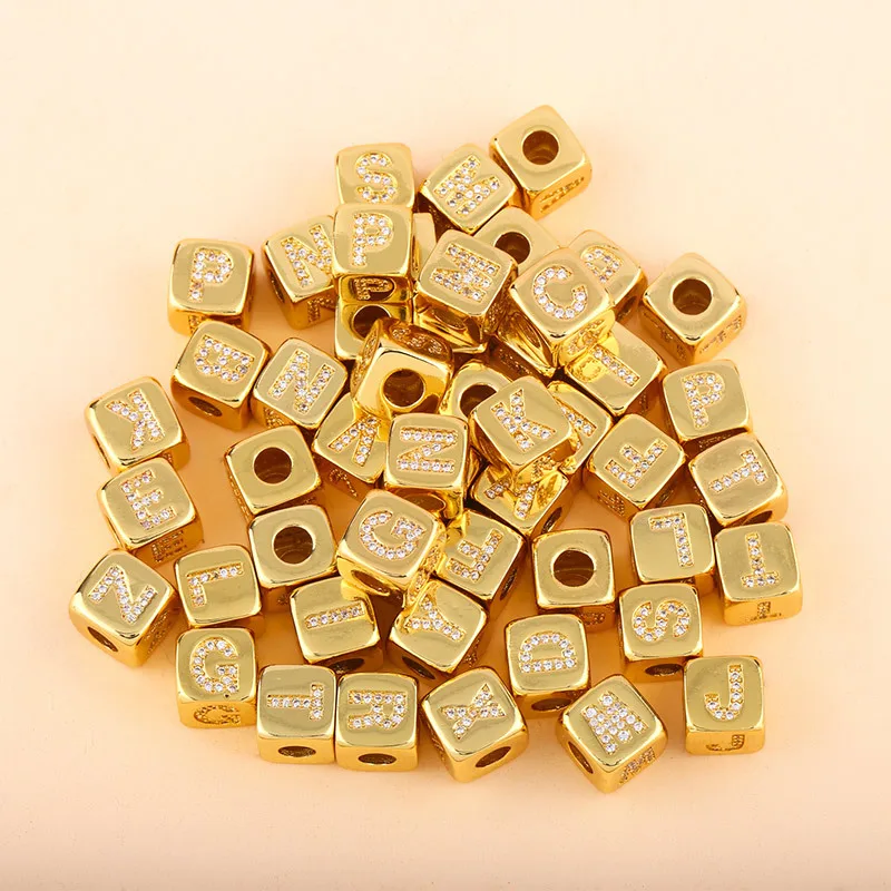 Juya 18K Real Gold Plated Copper Cube Charms Alphabet Initial Letter Beads For Handmade Women\'s Name Bangle & Bracelets Making
