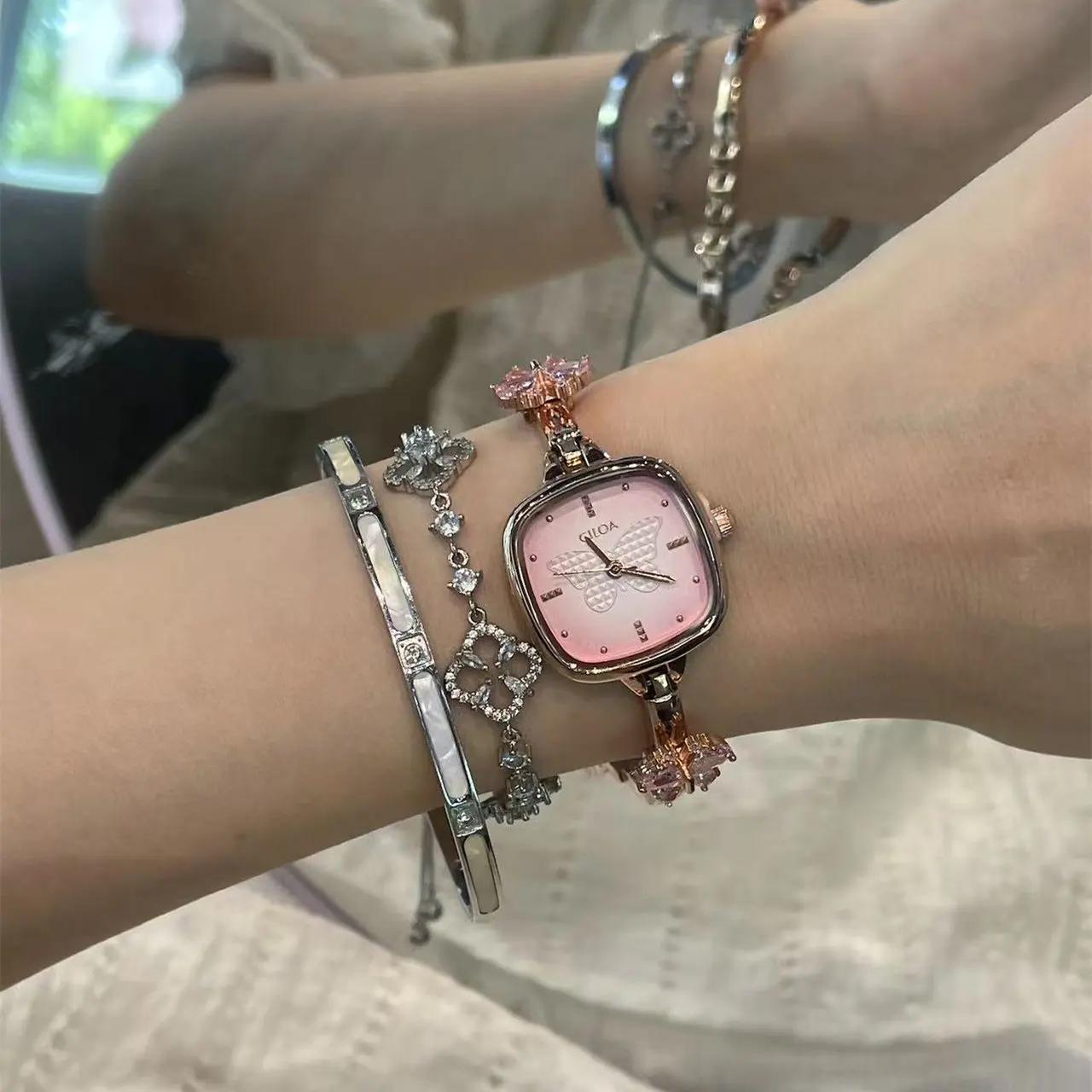 

CILOA Womens Rose Gold Square Butterfly Watch Pink Gradient Dial Crystal Butterfly Bangle Quartz Wristwatch