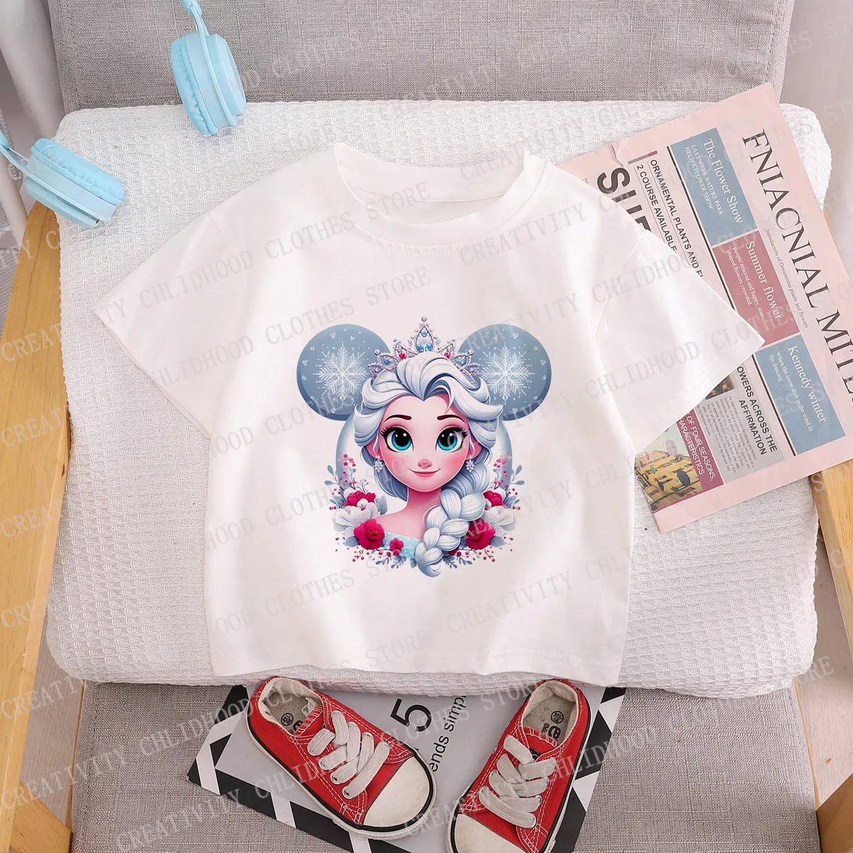 Elsa Anna Mickey Mouse Children T Shirt Disney Clothes Kawaii Short Sleeve Cartoon Kid Boy Girl T-shirt Casual Short Sleeve Tops