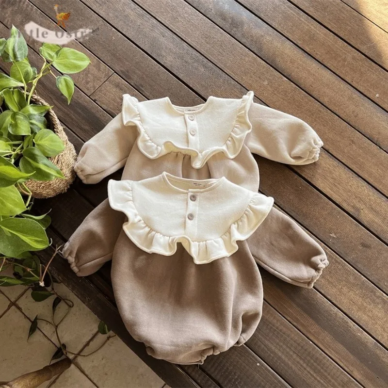 

Newborn Baby Girl Cotton Ruffle Fleece Inside Princess Romper Infant Toddler LongSleeve Thick Jumpsuit Winter Baby Clothes 3-18M