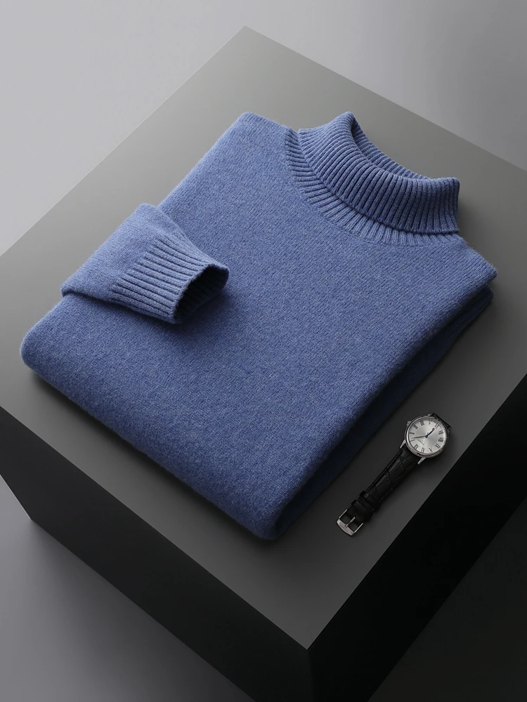 Autumn Winter Men Wool Turtleneck Pullover Long Sleeve Basic Cashmere Sweater 100% Merino Wool Knitwear Smart Casual Clothing