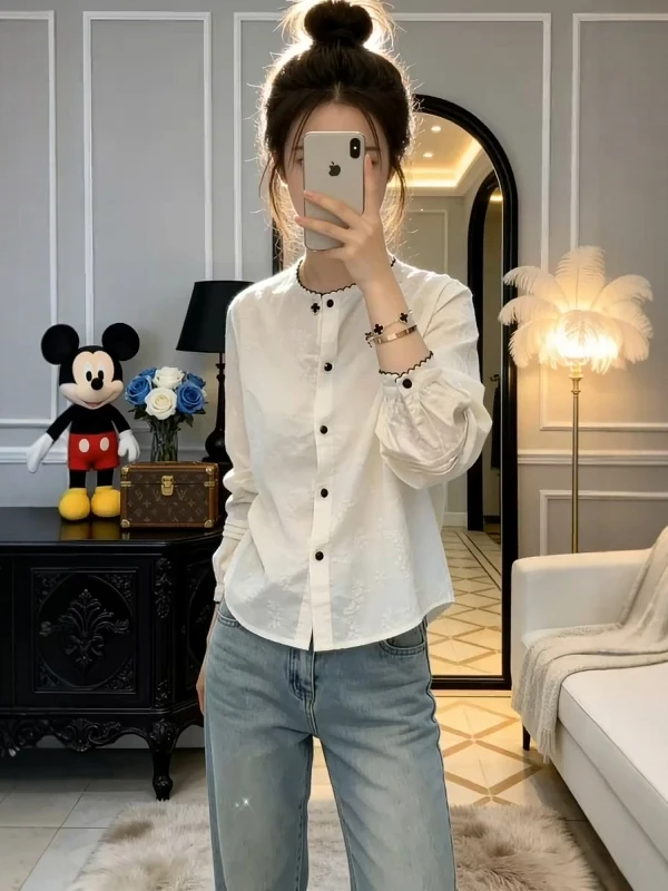 

Spring 2026 Women's Gentle Wind Embroidered Long Sleeve Shirt plus Size Loose Slimming Top Micro Plump MM Design Casual Wear