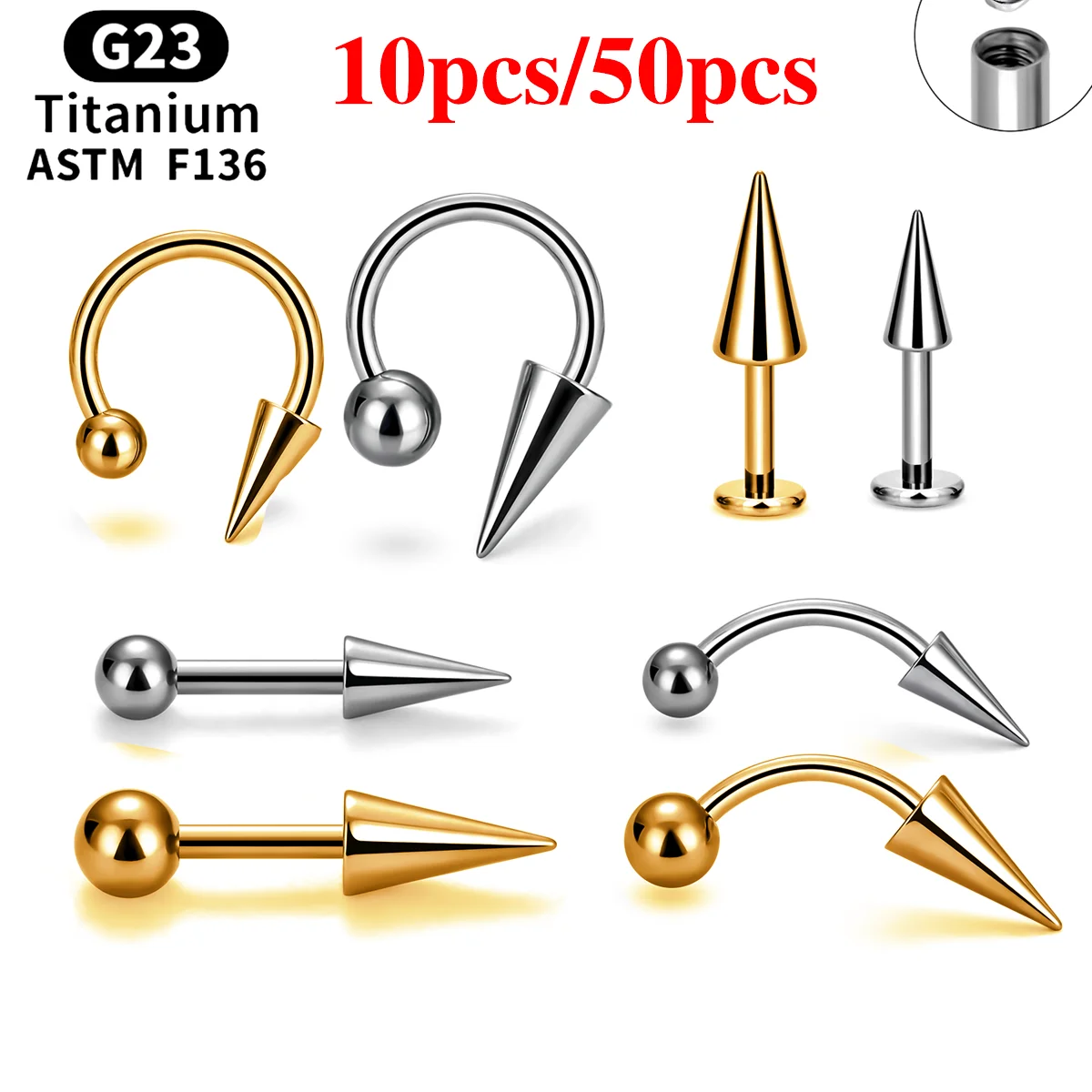 

10/50pcs G23 Titanium Labret Eyebrow Lip Stud Piercing Jewelry Septum Ring 16G Tragus Cartilage Conch Helix Rook Women Nose Stud