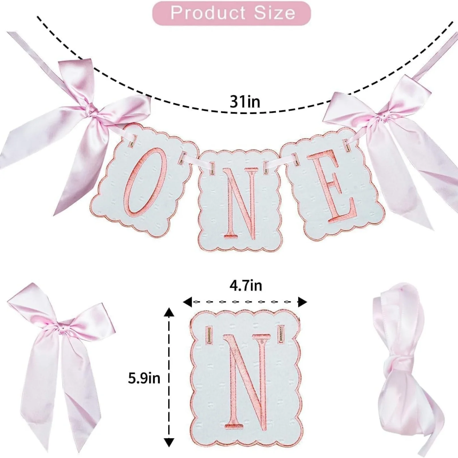 Rosa und Weiße Schleife ONE Hochstuhl-Banner für Mädchen Erster Geburtstag Hochstuhl-Dekoration Sweet One Rosa Schleife 1. Geburtstag Dekorationen – Detail 4