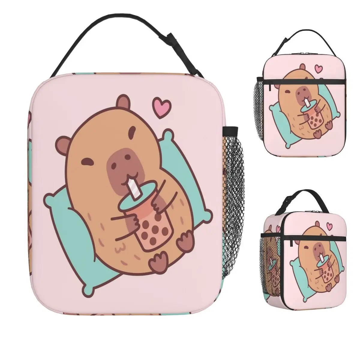 

Cute Capybara Chilling And Drinking Bubble Tea Lunch Bag Portable Lunch Box Work Print Cooler Bag Funny Oxford Tote Food Bags