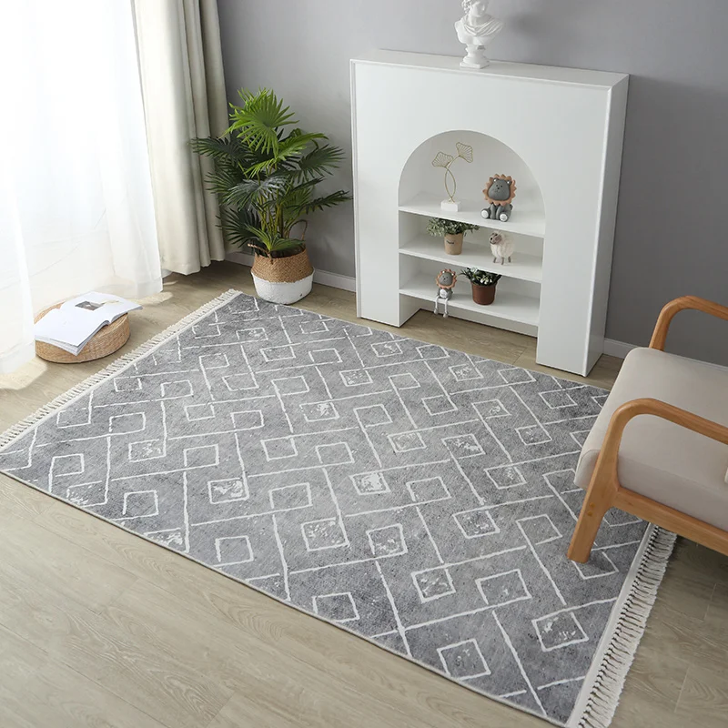 Tassel Gray Rugs for Living Room Coffee Tables Rug Modern Minimalist Bedroom Carpet Bedside Geometric Floor Mat Anti-skid Rug