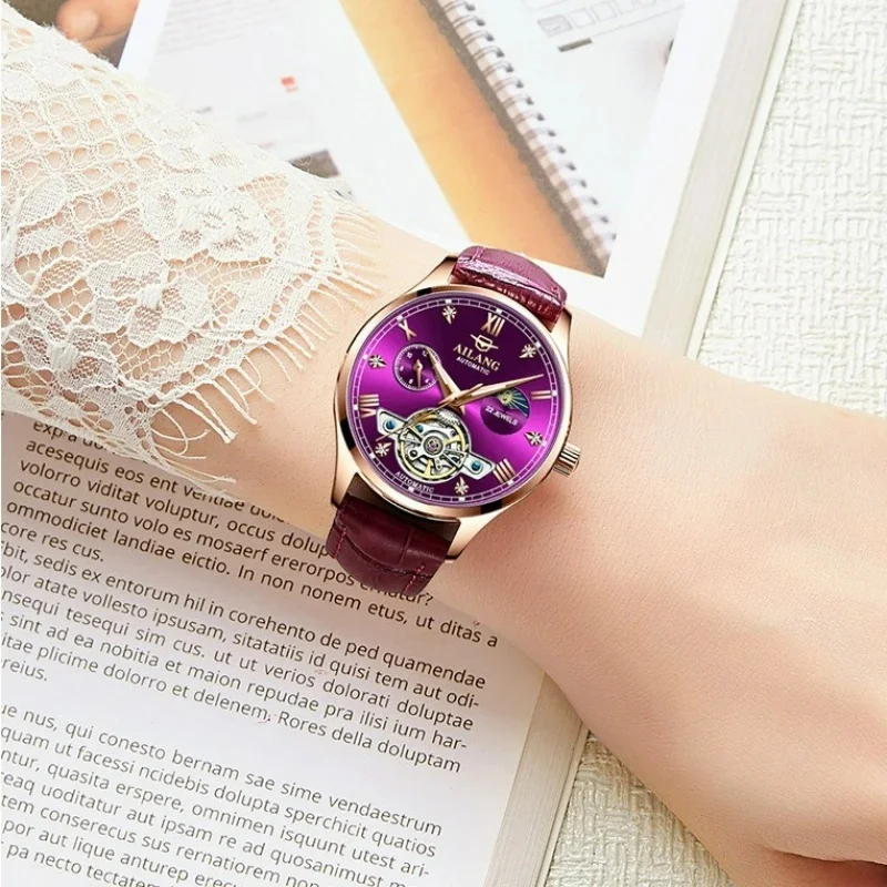 AILANG-8607L Luxury Mens Skeleton Automatic Watch Rose Gold Case Moon Phase Subdial Wine Red Leather Band Waterproof Men Clock