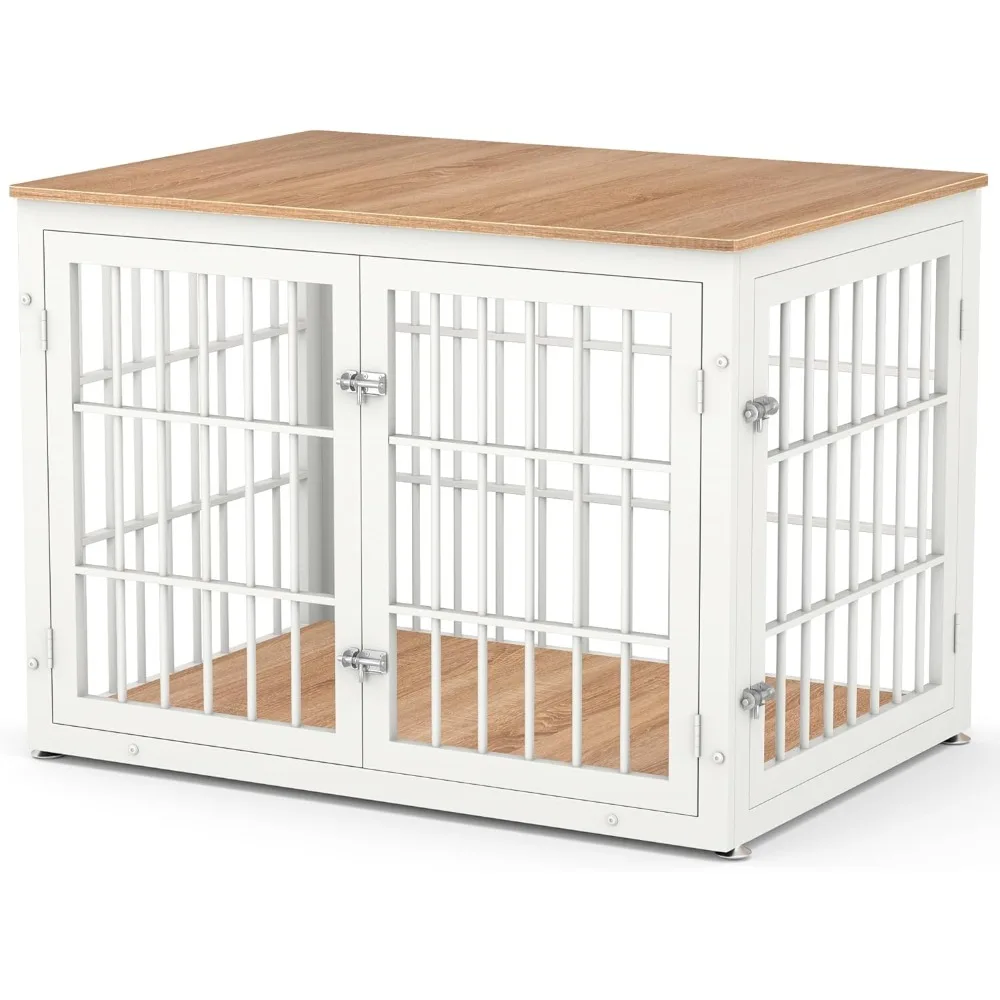 Kennels, Decorative Pet House End Table, Wooden Cage Kennel Indoor, White and Natural, Kennels