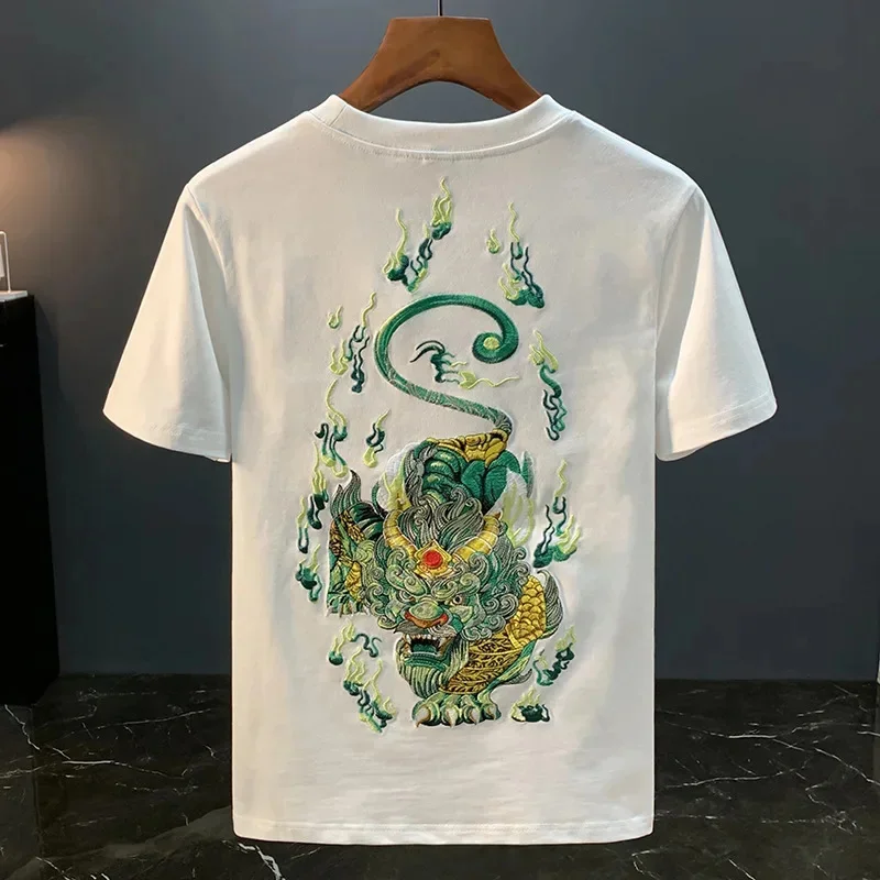 Handsome Embroidered Printed T-shirt for Men's Summer Slim fit Half Sleeve Fashion Chinese Style Casual Round Neck High end Top