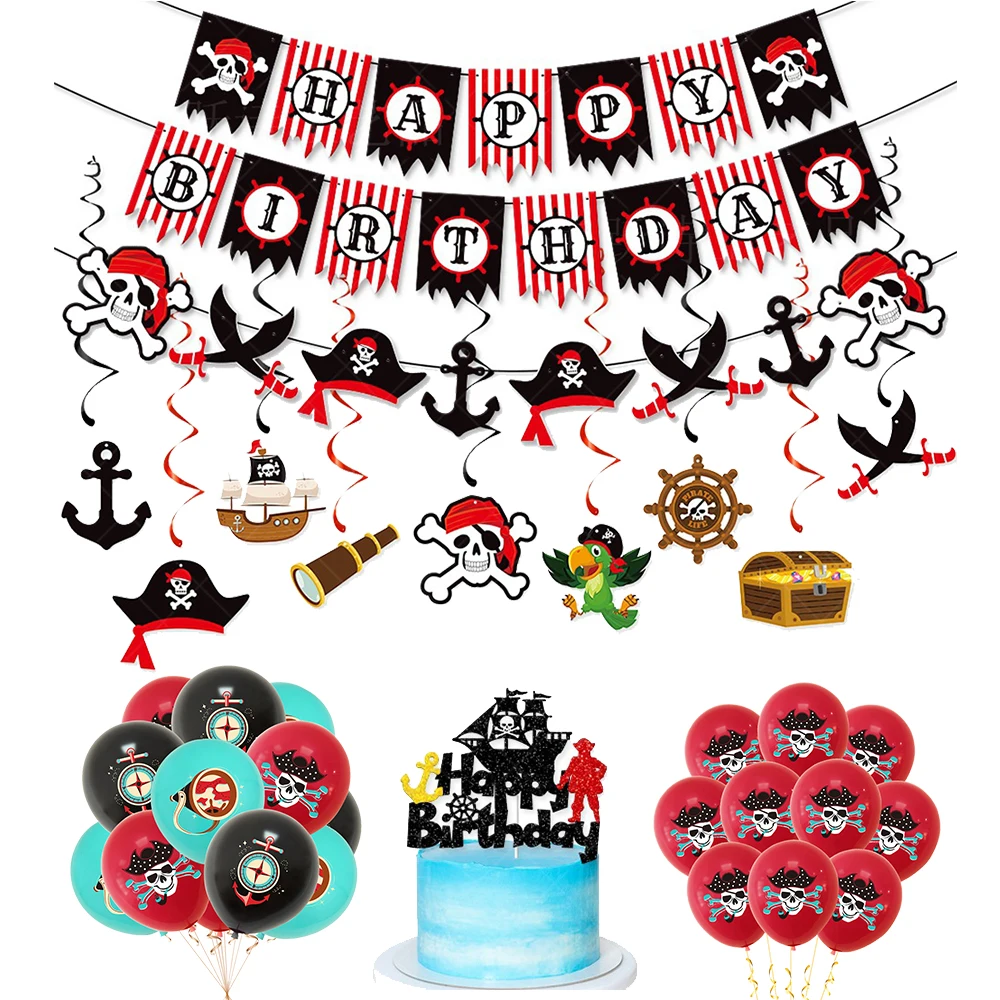 Pirate party Banner balloon cake toppers decor Pirate skull balloon kids boys Caribbean Pirate themed birthday party decoration