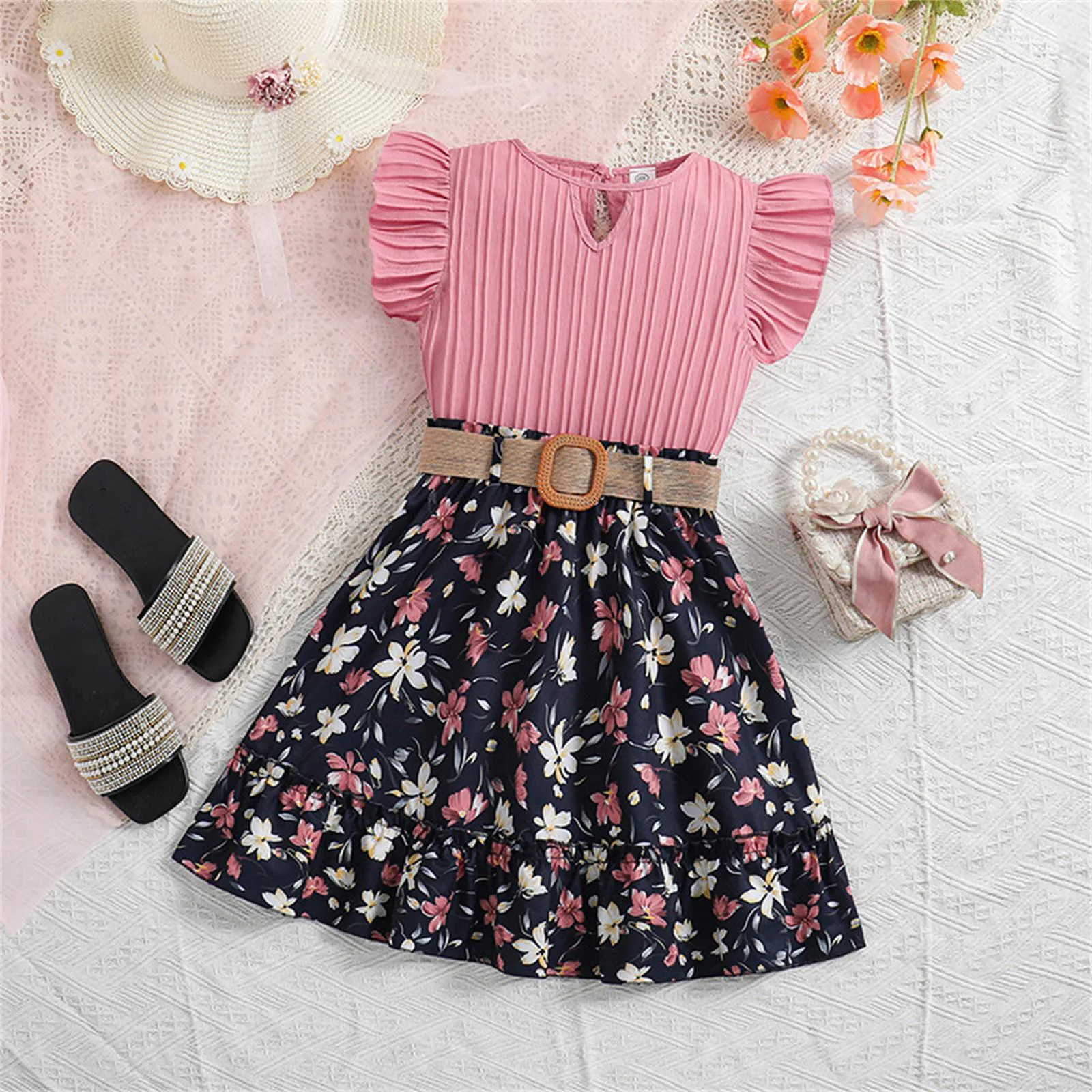 

Girls' Clothes Spring/Summer Children'S New Children'S Clothing Lace Sleeve Top Printed Half Skirt Set 2024 Chic Vestido