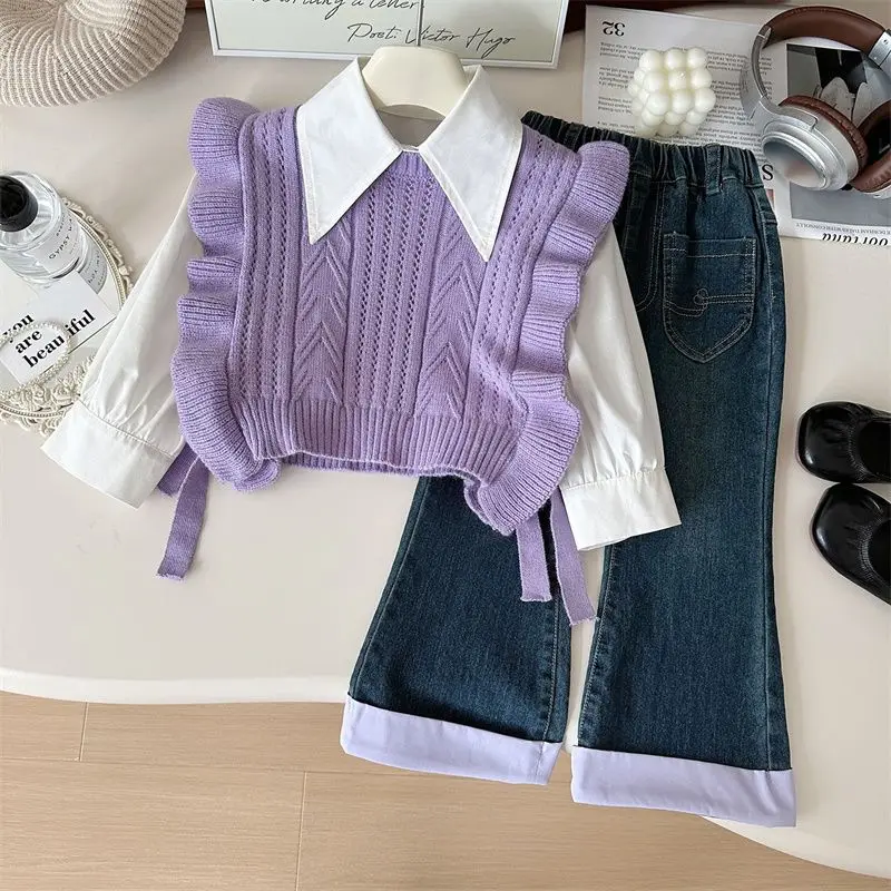 

Autumn Children Girls 3PCS Clothes Set Cotton Turn Down Collar Shirts Solid Knitwear Vest Suits Loose Denim Flared Pants Outfits
