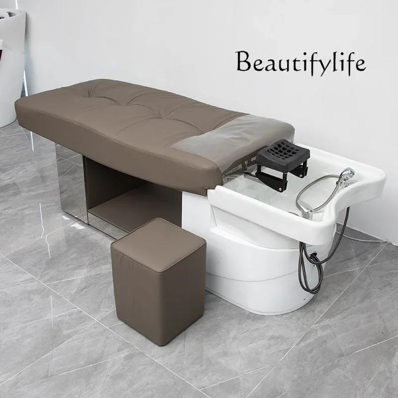 Y Hairdresser Shampoo Bed Full Lying Hair Salon Special Flushing Bed Ceramic Basin Stainless Steel Hair Bed