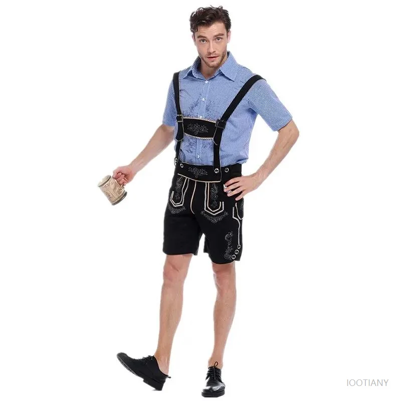 Germany Munich Traditional Oktoberfest Men's Leather Pants Suspenders Role Playing Costume Bavaria Pub Bar Party Beer Jumpsuit