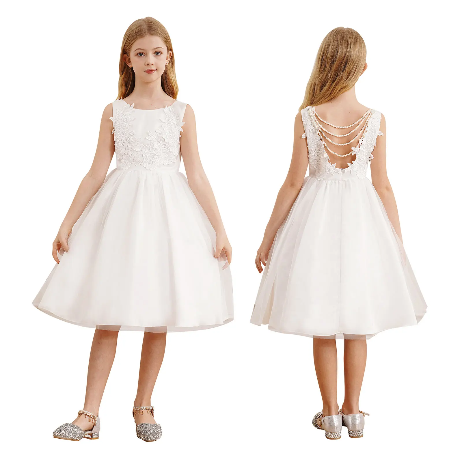 Kids Girls Wedding Party Dress Bridesmaid Lace Embroidery Pearls Gown Flower Girls Evening Ball Banquets Formal Occasion Dress