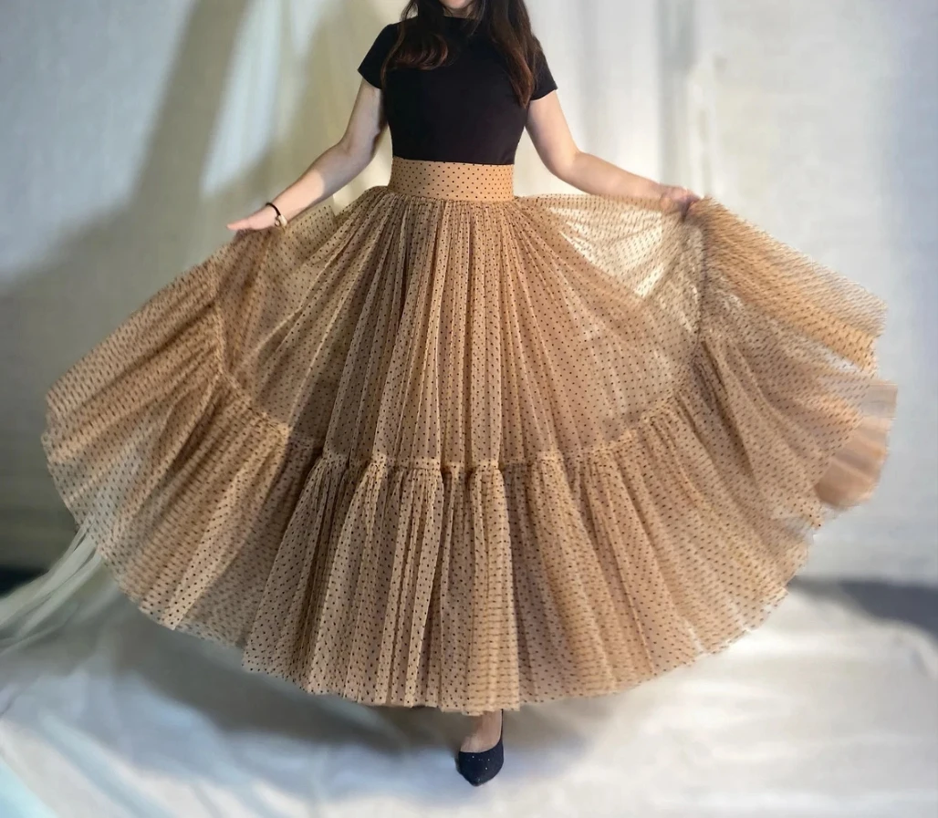 Women khaki Tutu Tulle Skirt Elastic High Waist Women's Wave Point A-line Yarn Skirt High Waist Muti-layer Patchwork Tulle Dress