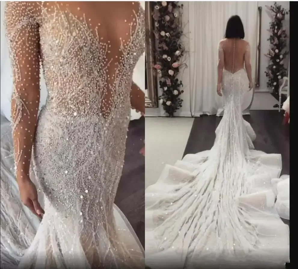 

Customized Sexy See Through Beading Sequins Vestidos De Casamento Mermaid Wedding Dress Long Sleeves Cathedral Train Bridal Gown