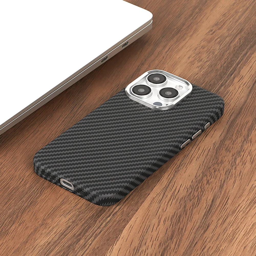 Luxury Carbon Fiber Texture Magsafe Case For iPhone 15 14pro 13 15 Pro Max Alloy Lens Frame Wireless Charging Hard Back Cover