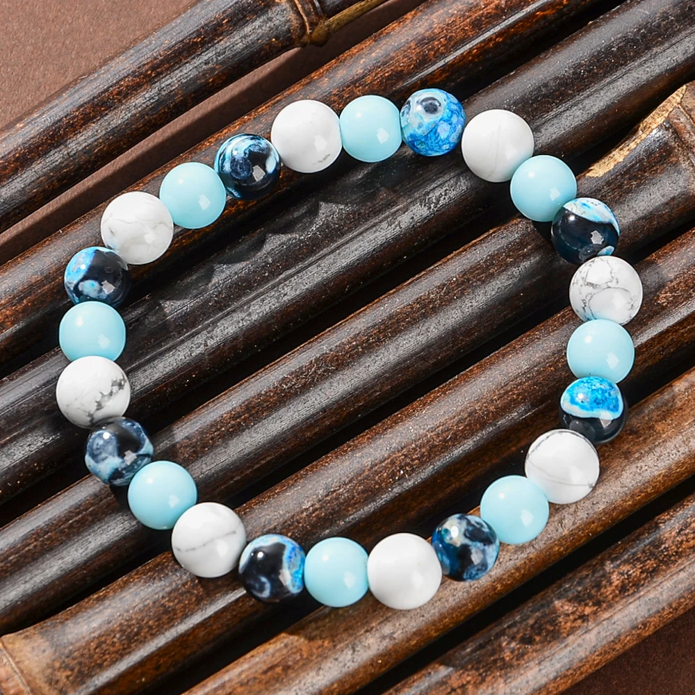 1PC natural stone healing bracelet made of blue fire agate and white turquoise beads, which can bring prosperity and abundance.