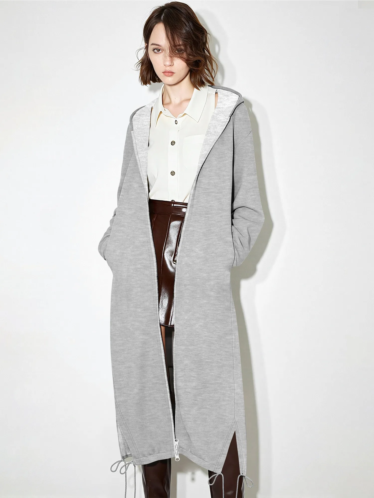 

Французский стиль: Уютное длинное пальто-накидка с капюшоном, мягкая вязаная куртка на молнии с капюшоном, комфортная верхняя одежда для женщин.