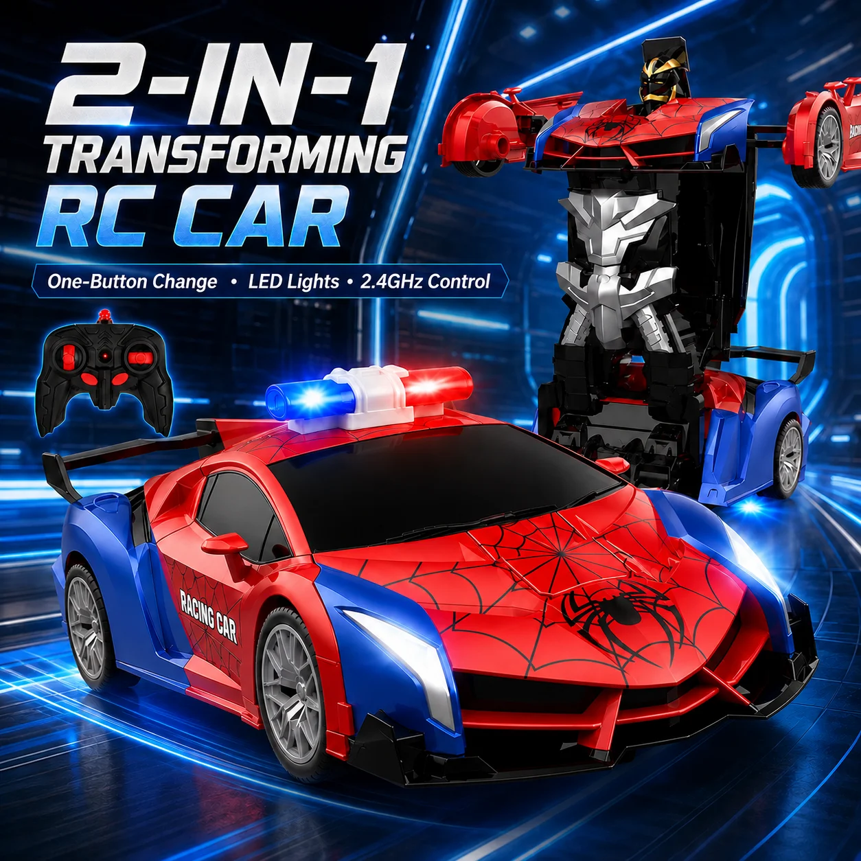 2.4GHz RC Transforming Robot Car 2-in-1 Stunt Car LED Lights 360° Rotation Remote Control Toy for Kids Boys Girls Racing Play