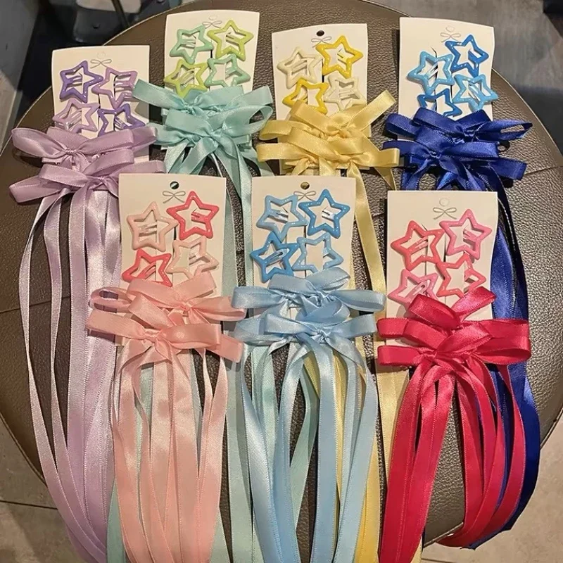

Y2K 6Pcs/Set Long Ribbon Bowknot Hair Clips Star Barrettes Solid Color Cute Bow Braided Hairpins Girls Headwear Hair Accessories