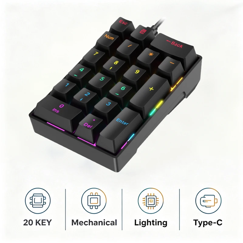 Original Mechanical Numeric Keypad, 20-Key USB Type-C Wired, Blue Red Switch, Mixed Color Backlit for Office APAYADO U-K20