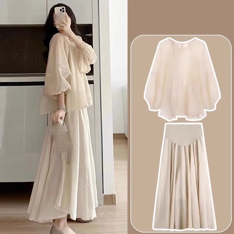 New Pregnant Women's Spring Chiffon Top Skirt 2-piece Set Maternity Summer Breathable Top Skirt Set Maternity Clothing Set LJ347 - view 4
