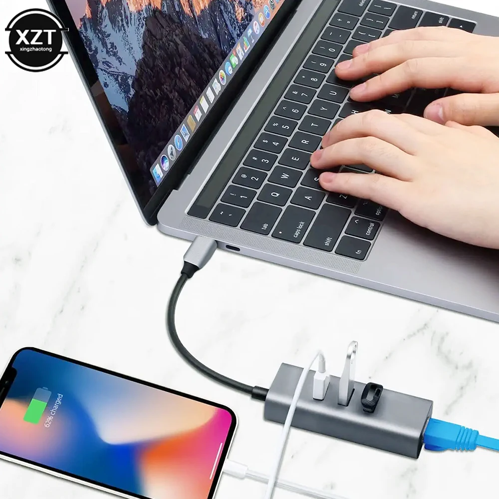 USB C Ethernet for Mac iOS Android PC RTL8153 USB 3.0 HUB with 3 Port USB HUB 3.0 RJ45 Lan Network Card USB to Ethernet Adapter