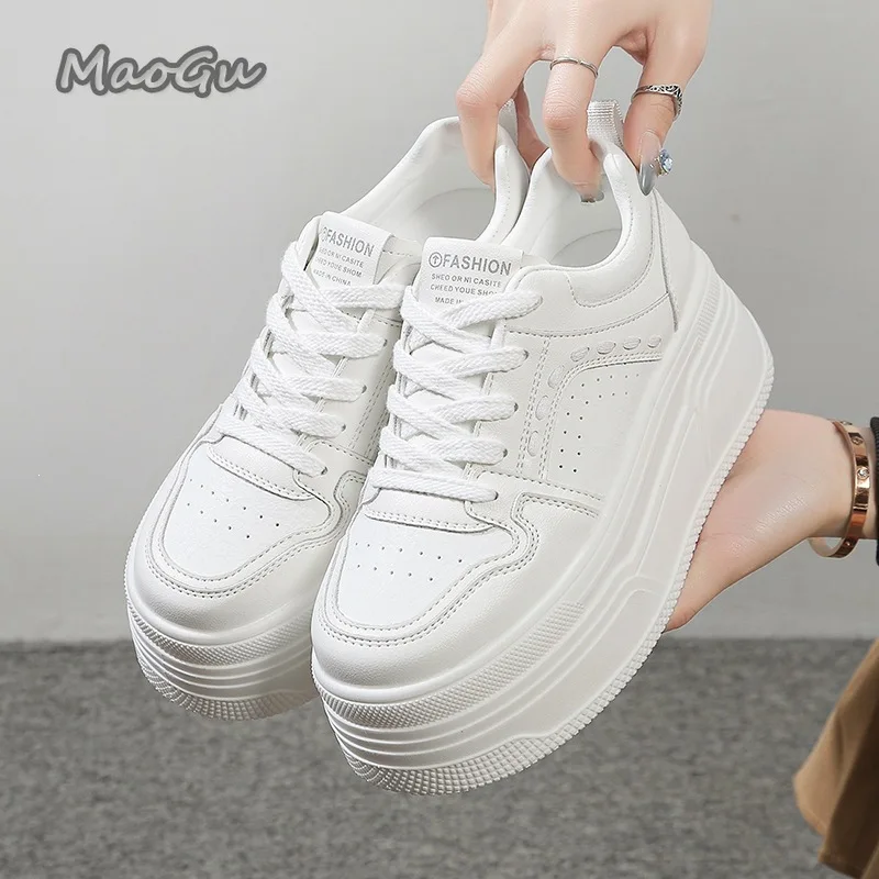 Height Increasing Platform White Sneakers Female Lace-Up Chunky Sole Casual Shoes Breathable Leather Wedge Zapatos Mujer Size 40 view 5