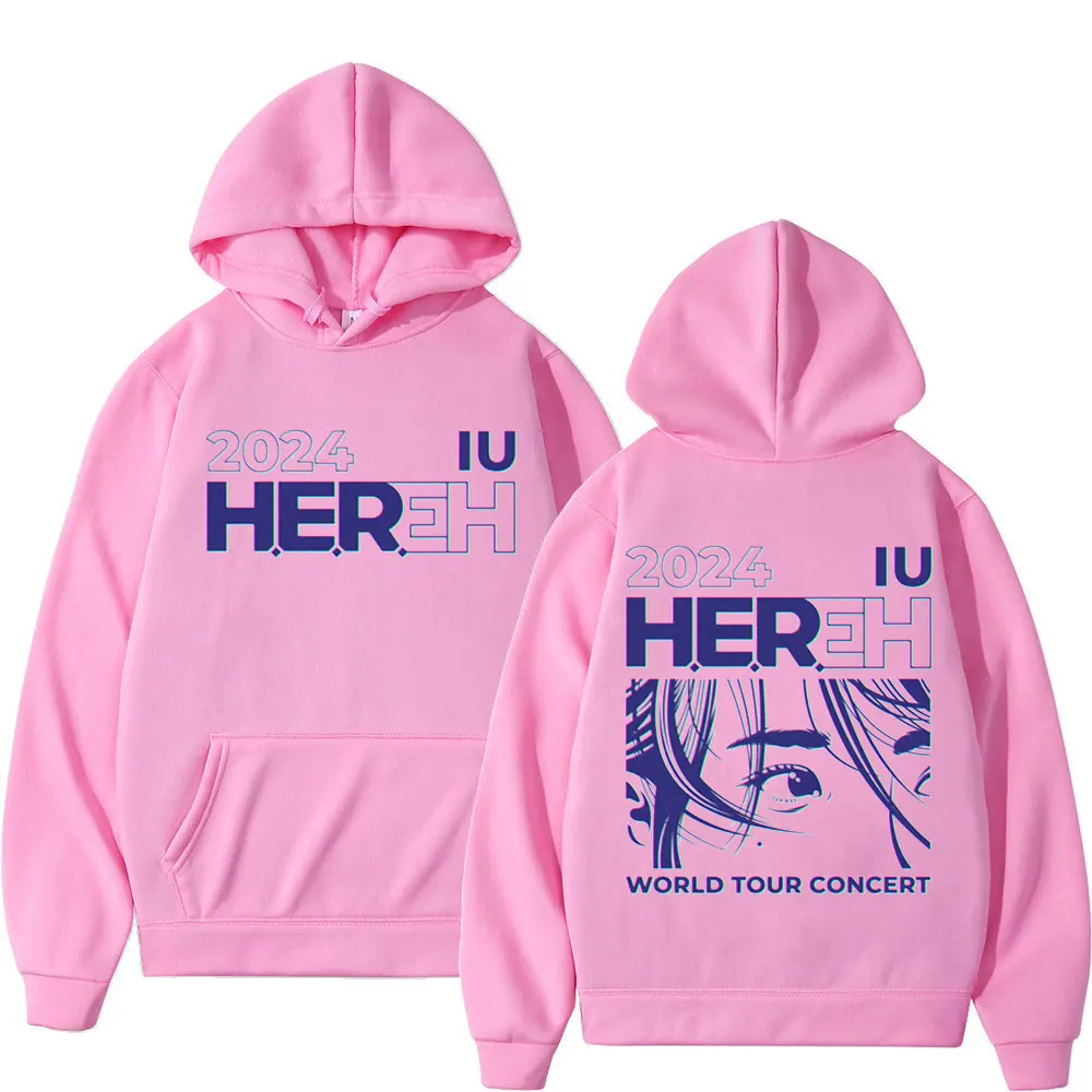 Kpop IU hereh 2024ทัวร์โลก, เสื้อมีฮู้ดพิมพ์ลายสองด้านแนวโน้มแฟชั่นเสื้อสวมหัวย้อนยุคเสื้อสเวตเชิ้ตแขนยาวลำลองสำหรับผู้ชายและผู้หญิง