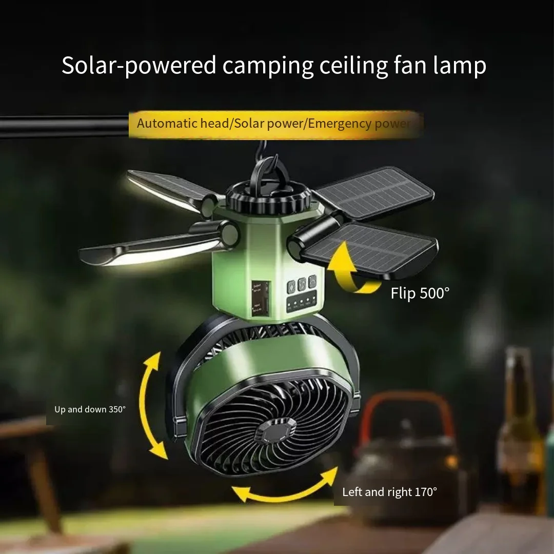 

Солнечный уличный вентилятор для кемпинга, с подсветкой, зарядкой от солнца, длительным временем автономной работы, оборудование для потолочного вентилятора в палатке, необходимые принадлежности