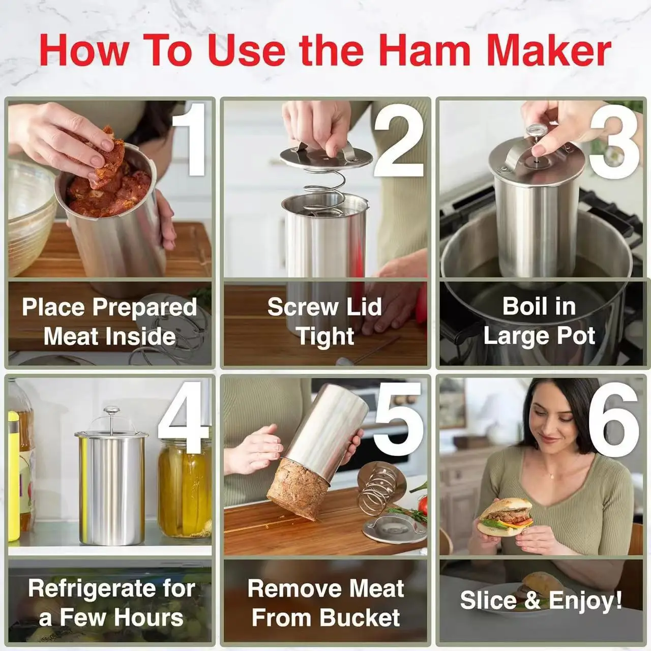 Press Ham Maker Round Shape Stainless Steel Lunch Meat for Deli Meats with Thermometer Recipes Seafood Poultry Kitchen Cooking