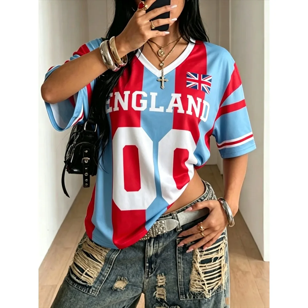 Summer Women England Striped Football Jersey V Neck Short Sleeve T Shirt UK Flag Tee Casual Y2K Streetwear Soccer Fan Tops
