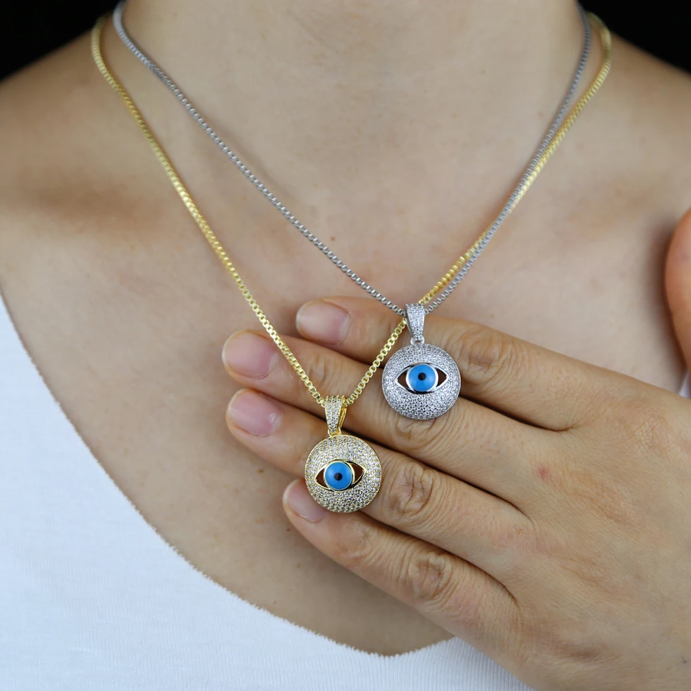 factory gold color delicate round cz Necklace turquoises stone paved turkish evil eye round charm for women lucky necklace