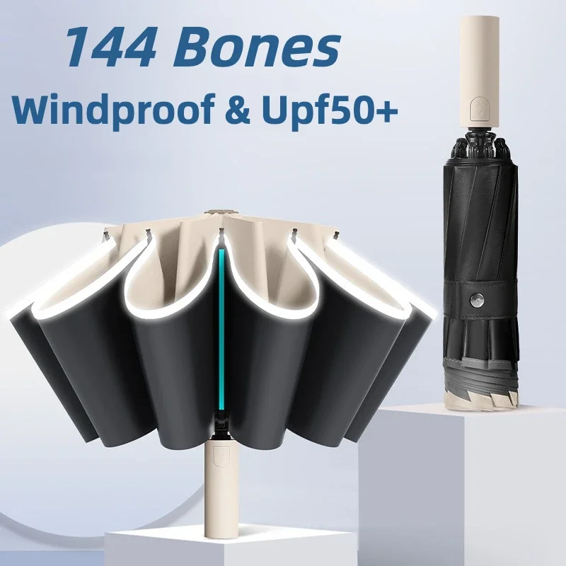 Reverse Automatic Folding Car Umbrella, 144 Bone Windproof Stormproof, UPF50+ UV Protection Sun & Rain Umbrellas for Men Women