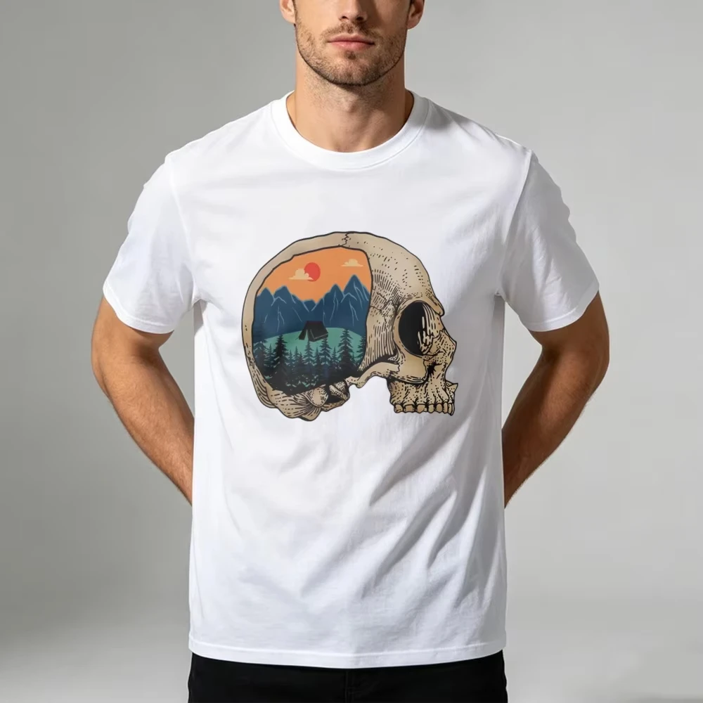 Retro Camping Skull Scenery Graphic T-Shirt Outdoor Mountain Nature Lover Unisex Cotton Shirt Fashion Short-sleeve Casual Tees