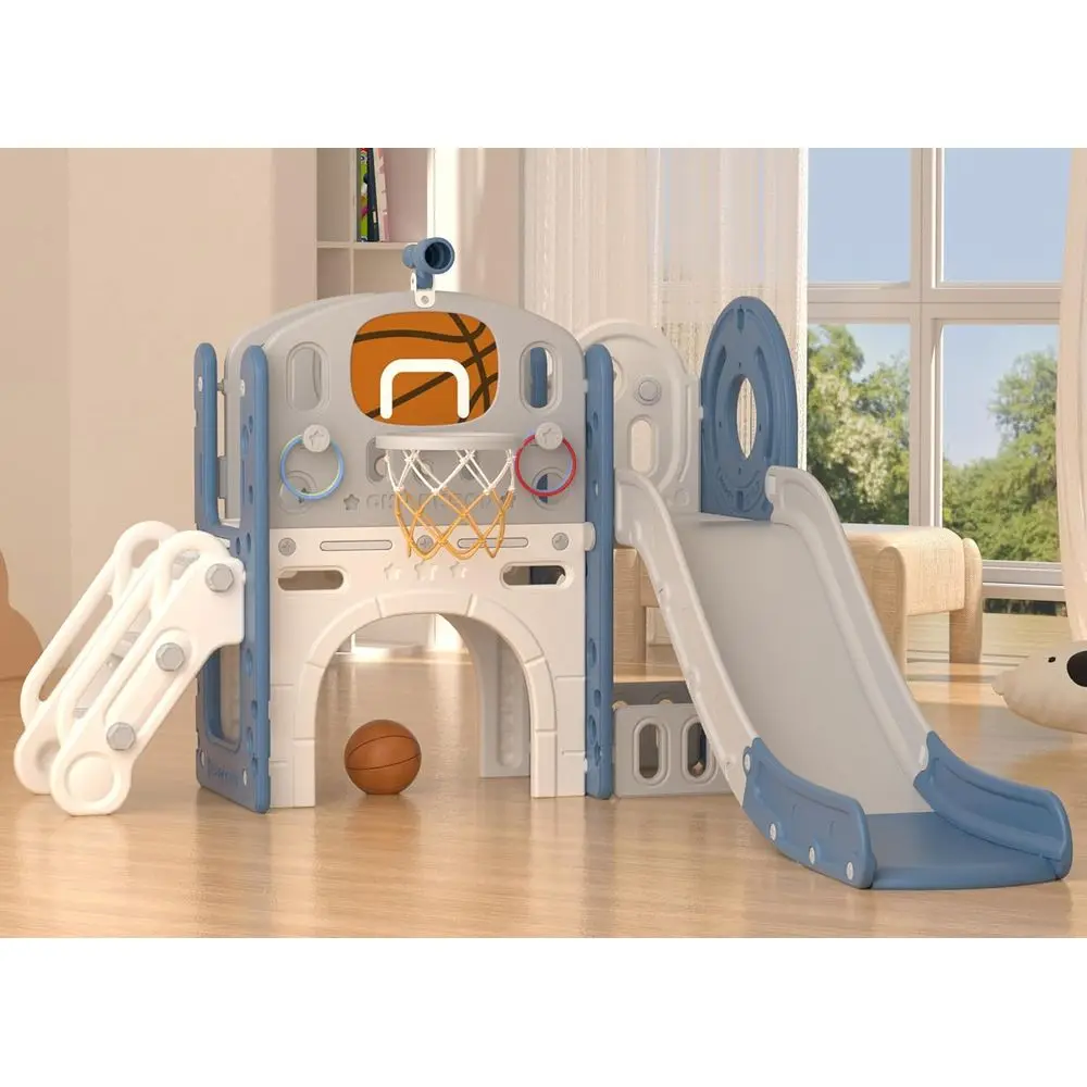 

Toddler Slide Set, 8-in-1 Play Center for Ages 1+, with Climber, Slide, Basketball Hoop, Suitable for Outdoor and Indoor Use (Bl