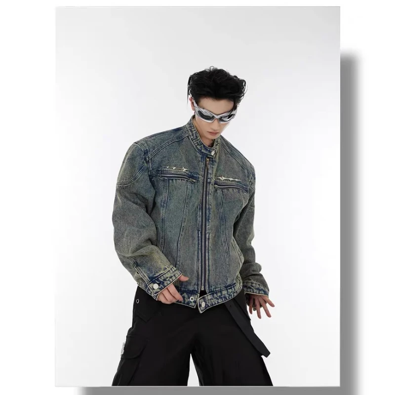 2024 Mens Denim Jacket Zippered Metal Design Distressed Washed Short Jeans Jacket Vintage Trendy Spliced Male Outerwear New