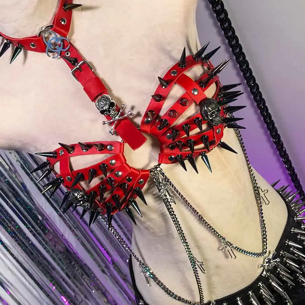 

Goth E-Girls Teen Eco Skull Gothic Y2K Vegan Leather TOPS Emo Grunge Trendy Harajuku Kawaii 90s Punk Rock Studded Rivets Cross