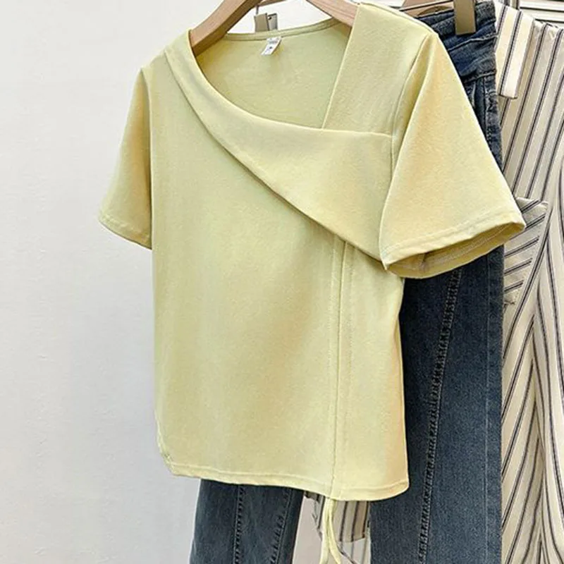 

Design short-sleeved shirt summer cotton irregular niche diagonal drawstring sweet and spicy slim short-sleeved T-shirt female