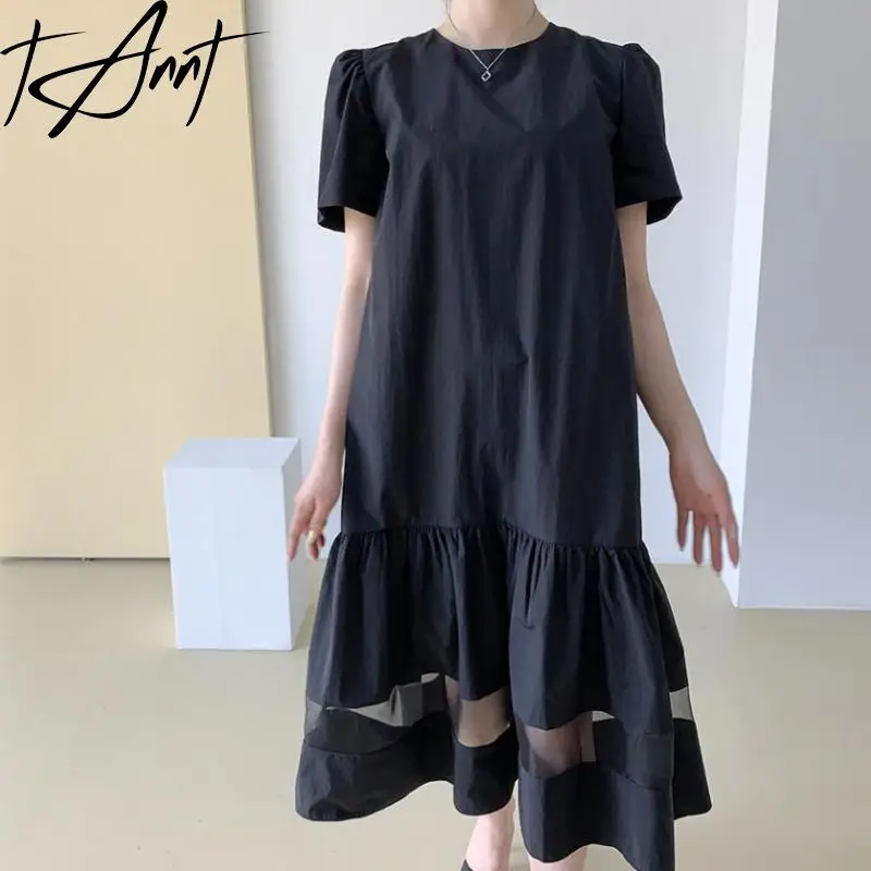 

Tannt Women Dress Puff Sleeve Mesh Splicing Perspective Leisure Shirts Dresses Black Purple Loose Long Summer Dresses 2024