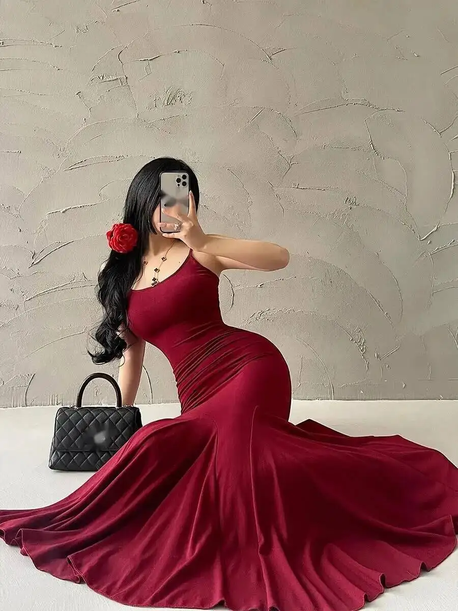 

Summer New Fashion Women's Lotus Hemline Atmosphere Pleated Waist Wrapped Hip Wrapped Fish Tail Sling Slim Fit Solid Dress 8002