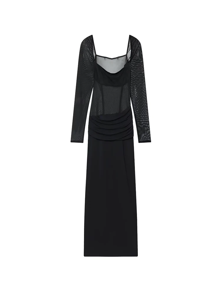 Tfmln feminino elegante vestido longo retro sexy semi-transparente emendado dobras manga longa vestido de festa moda vestido de pescoço quadrado