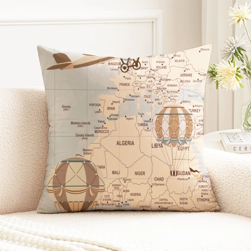 

Vintage World Map Pillow Cover, Hot Air Balloon Plane Print Cushion Case, Travel Theme Decorative Pillow for Sofa Bedroom