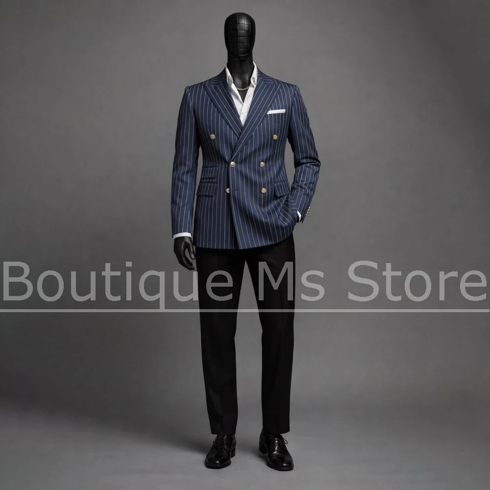 

Men Navy Blue Striped Suit 2 Piece Double Breasted Blazer With Black Pants Formal Wedding Tuxedo For Business Casual Outfit