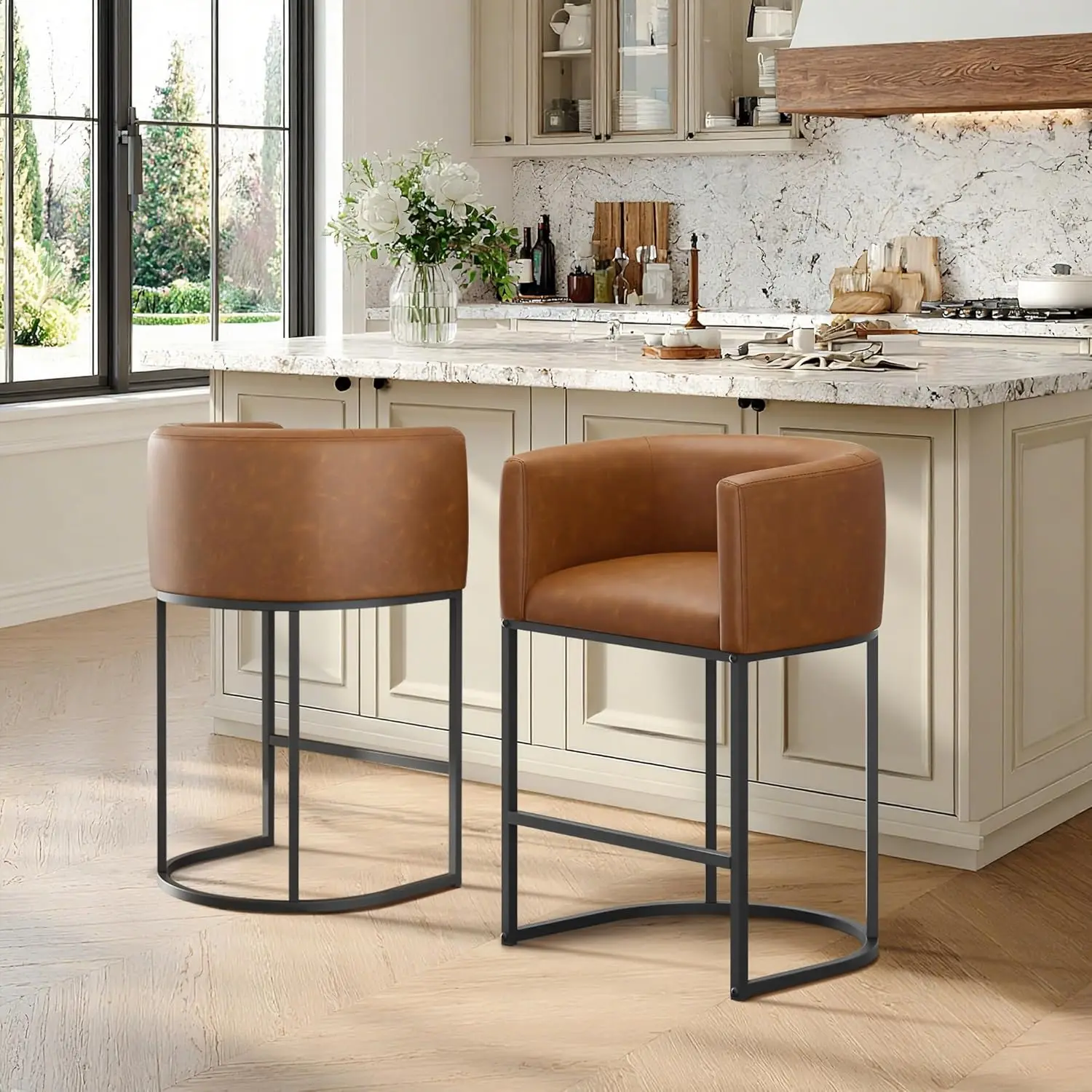 

Counter Height Bar Stools Set of 2, Modern Counter Stools for Dining Room, 24 Inch Barstools for Kitchen Island, Faux Leather