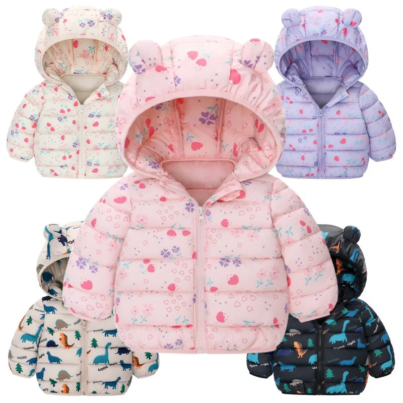 

Cartoon Dinosaur Kids Girls Boys Hooded Lightweight Jacket Autumn Winter Warm Baby Cartoon Christmas Outerwear For 0-5 Years